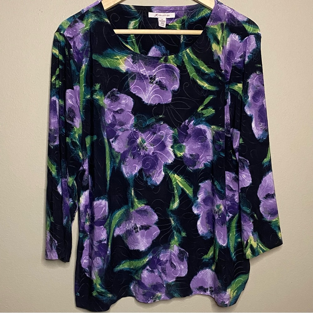 JM Collection Blouse Top Women’s XL Black Purple Floral Textured 3/4 Sleeve
